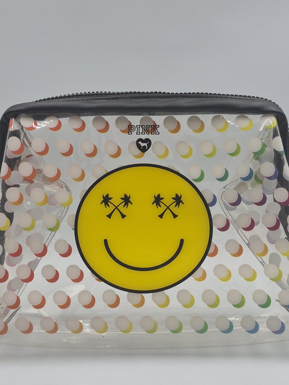 PINK Victoria's Secret Clear Smiley Cosmetic Bag with Rainbow Dots